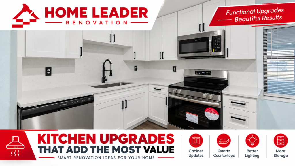 Modern white kitchen renovation with custom cabinets, quartz countertops, stainless steel appliances, and updated lighting by Home Leader Renovation.